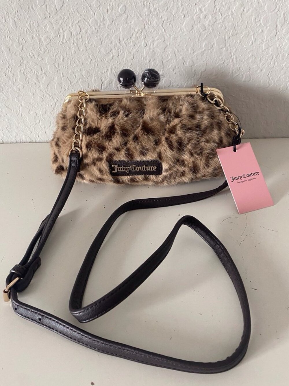 Juicy Couture Keep It Classy Frame Crossbody Bag Purse Kisslock Natural Leopard